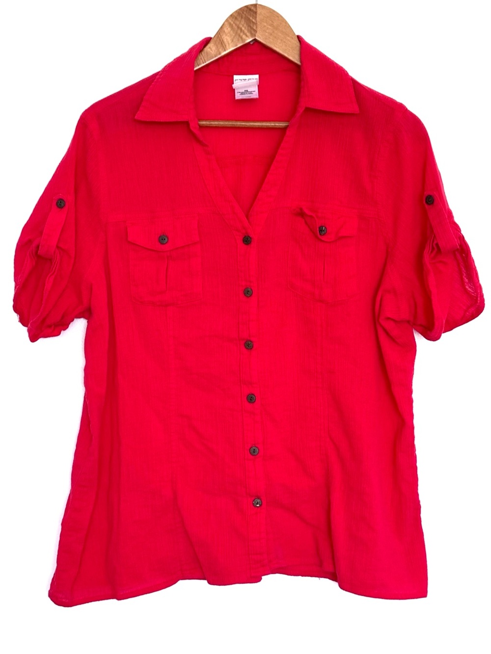 JMS Just My Size Plus Shirt Women’s 2X Red Cotton Button Up Short Sleeve Pockets
